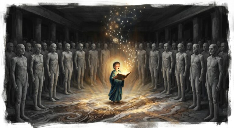 一名身穿蓝色长袍的孩子在昏暗的大厅中阅读发光的书，魔法符号从中升起，周围站满了成排灰色且面无表情的人像。