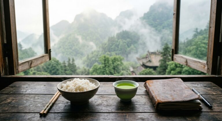 木桌上摆放着一碗米饭、一杯绿茶和一本笔记本，窗外是云雾缭绕的山景。