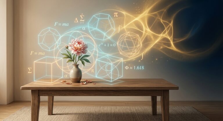桌上花瓶中的粉色花朵周围环绕着发光的数学公式和几何形状。