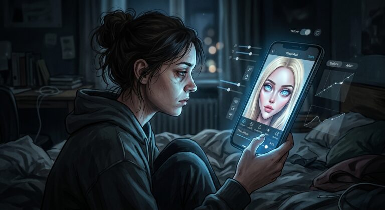 A digital editorial illustration exploring the psychological tension of extreme photo editing. In a dimly lit, modern room, a person is seen from the side, their face illuminated by the intense, cool glow of a smartphone. On the phone's screen, a portrait is being edited: the image shows a surreal, "uncanny valley" version of the person with exaggerated features—impossibly large, glowing eyes, a razor-sharp V-shaped chin, and skin so smooth it looks like polished plastic. The real person in the shadows appears contemplative and tired, creating a sharp contrast with the bright, distorted digital avatar on the screen. The background features faint, floating interface elements like sliders and adjustment icons. The art style is cinematic and high-contrast, emphasizing the divide between authentic reality and the stylized, "monster-like" perfection of social media filters.