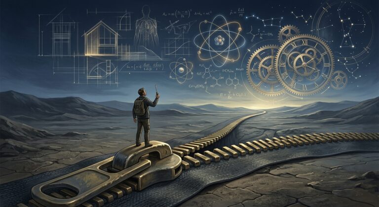 一个人站在巨大的拉链头上，在荒原中拉开一条路，天空中布满了科学公式、原子模型和建筑蓝图。