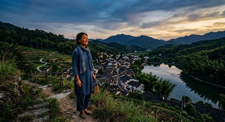 一位身着蓝色传统服饰的女性微笑着俯瞰黄昏时分风景优美的山村。