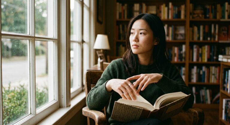 一名身穿墨绿色毛衣的女子坐在窗边，手里拿一本打开的书凝视窗外，身后是摆满图书的书架。