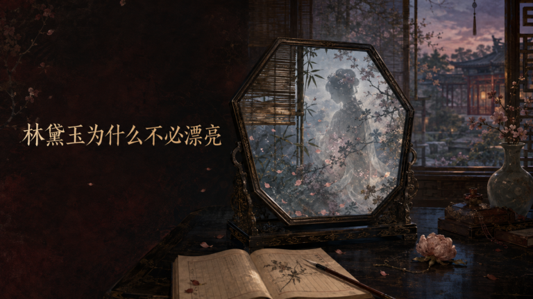黄昏中的古典闺房与空镜，镜中映出竹窗、落花和若隐若现的女子轮廓，象征林黛玉超越外貌的诗性存在