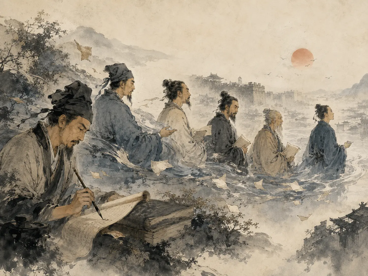 水墨长卷中多位古代文人沿历史流动彼此相接,前景一名文人伏案书写,纸页随风飘散