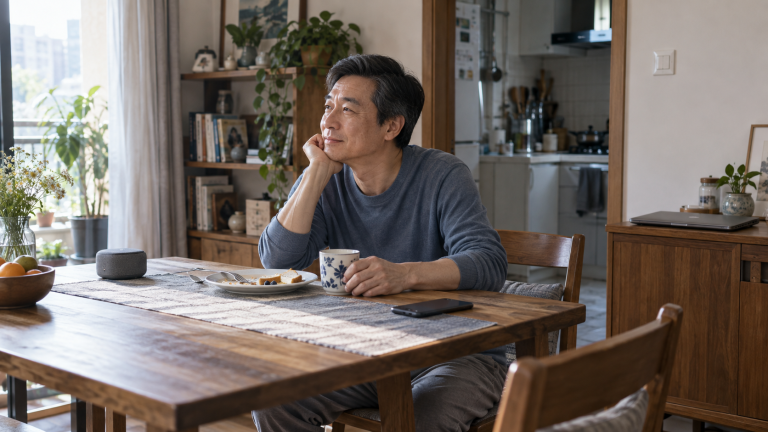 男子坐在早餐桌旁，一手托着下巴；桌上有杯盘、小音箱和黑屏手机，后方柜上放着合起的电脑，窗外日光照进房间。