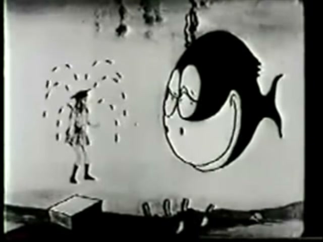 1924年影片中，真人小女孩与一条画出来的大鱼出现在同一画面中。