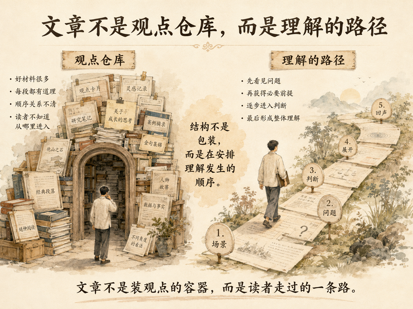 一张暖纸水彩中文概念图,左侧“观点仓库”堆满研究笔记、案例、数据、金句和不同角度的材料,读者站在入口不知道从哪里进入;右侧“理解的路径”由场景、问题、判断、展开和回声几个节点组成,人物沿着书页般的道路逐步向前,中央强调结构是在安排理解发生的顺序。