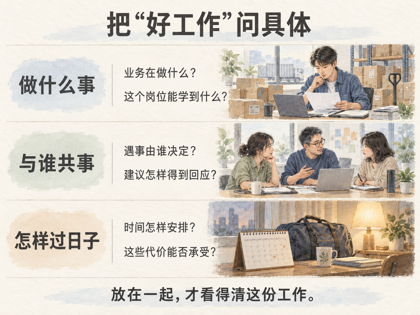 三条并列观察带：做什么事，问业务与岗位能学到什么；与谁共事，问谁作决定、建议怎样得到回应；怎样过日子，问时间如何安排、代价能否承受。配有仓储工作、同事交谈及日历行李的淡彩小景。