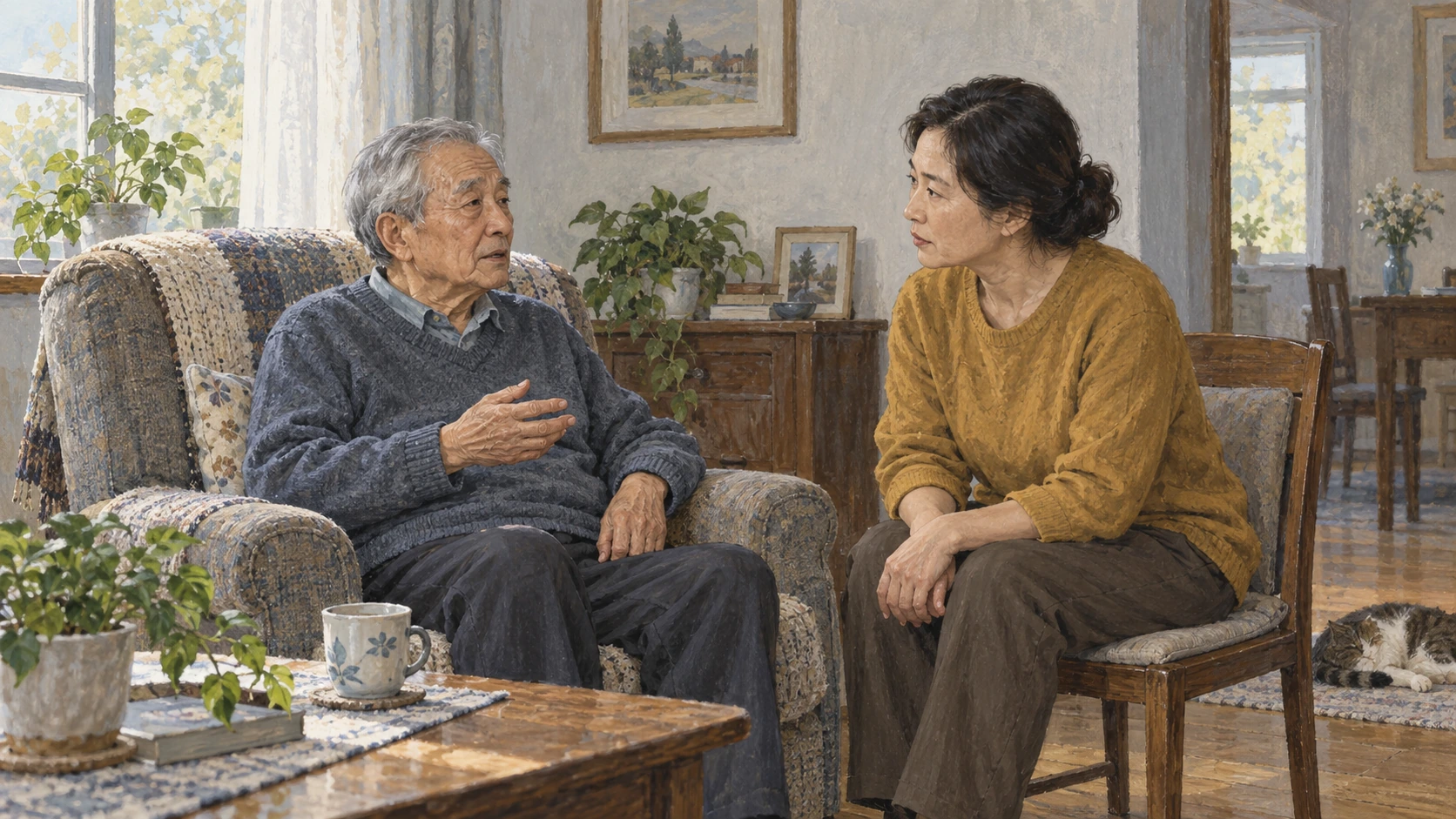 灰发老人坐在扶手椅上抬手说话，一位穿赭色上衣的中年女性坐在他面前，身体微微前倾，平视着他倾听。