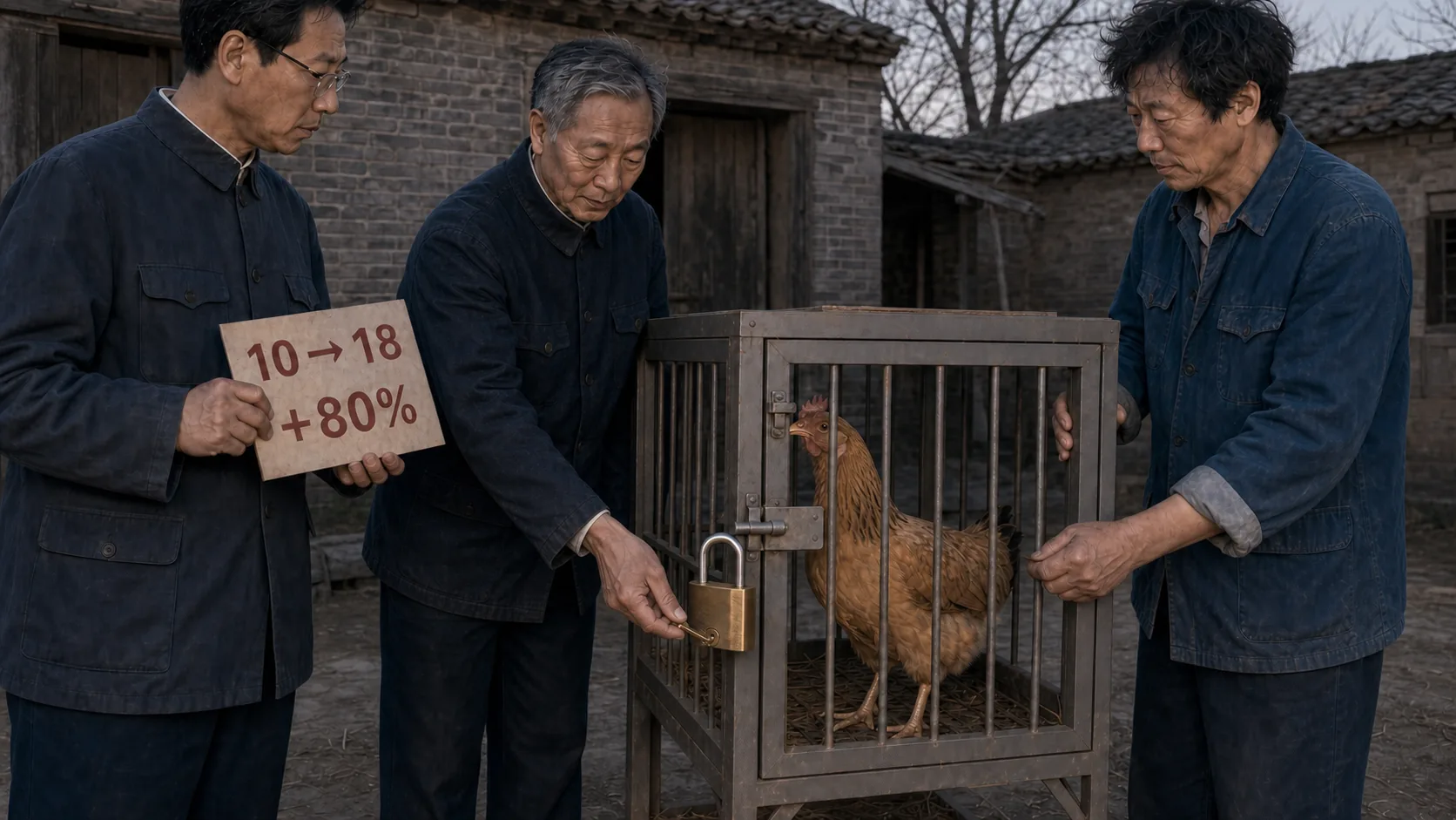 白天的村委会院内，大明展示由10升至18、标有“+80%”的风险表，二狗扶着笼门，村长握着锁孔中的黄铜钥匙，黄褐色母鸡在笼内把喙尖伸向外侧门闩，两者之间仍留着一小段空隙