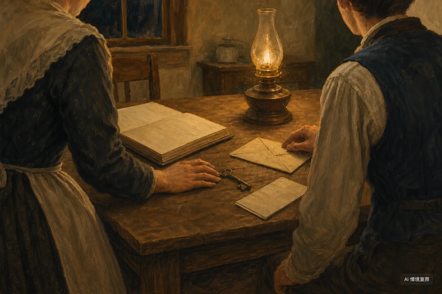 AI情境复原插画:油灯下的母子围坐餐桌,钥匙、空白账簿和信封象征家庭筹资风险。