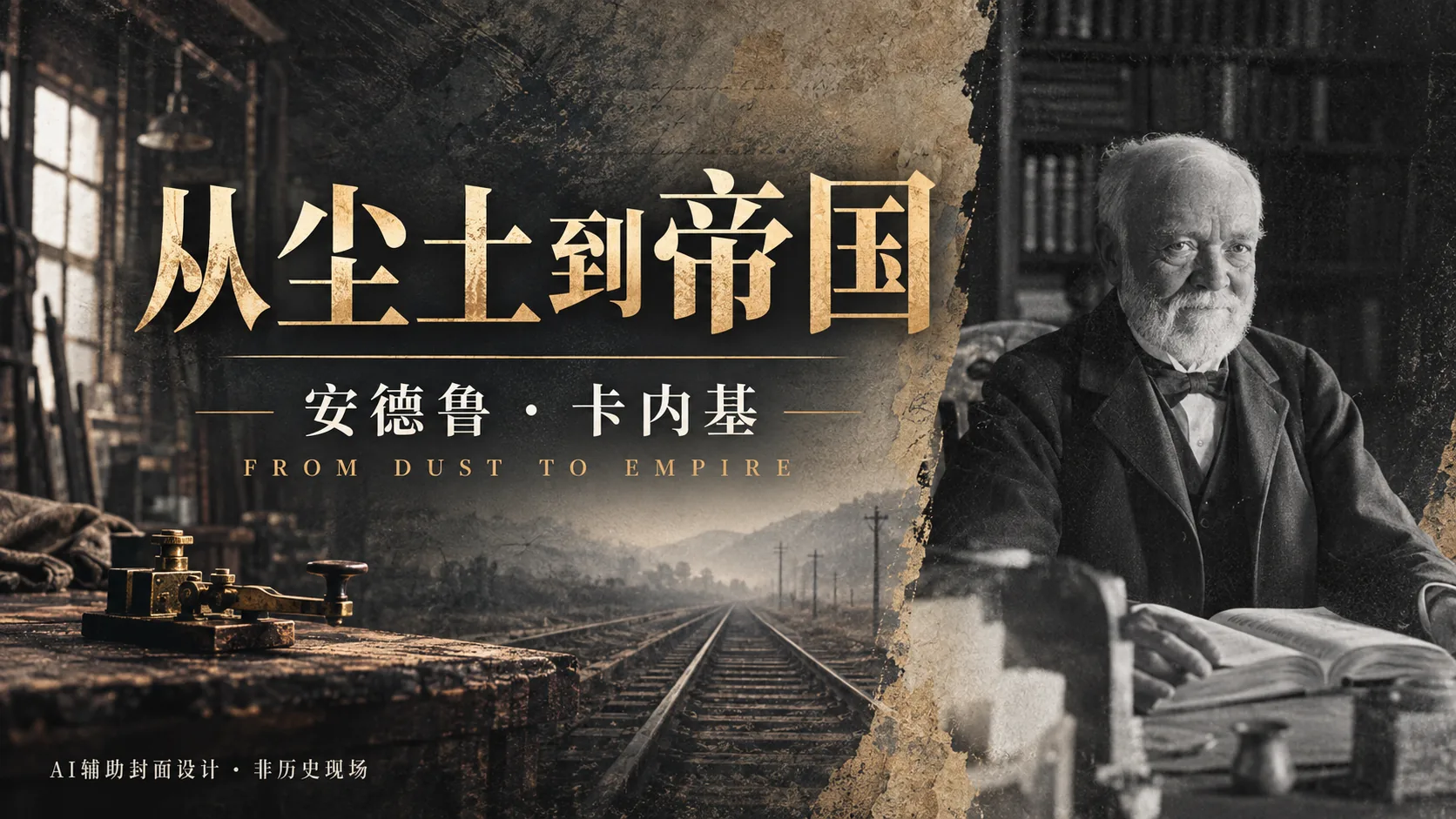 从尘土到帝国系列卡内基封面：晚年人物肖像与电报、铁路意象组成的AI辅助设计，非历史现场。