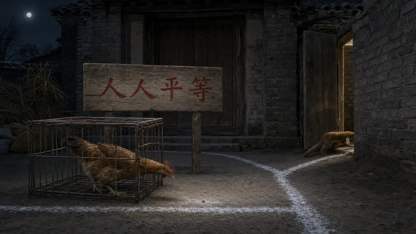 夜色中的粮仓正门前摆着关有黄褐色公鸡的铁丝笼，笼外一粒高粱落在白灰线另一边，挂着粮仓管理木牌的黄鼠狼正从人人平等木牌后的侧门钻进粮仓