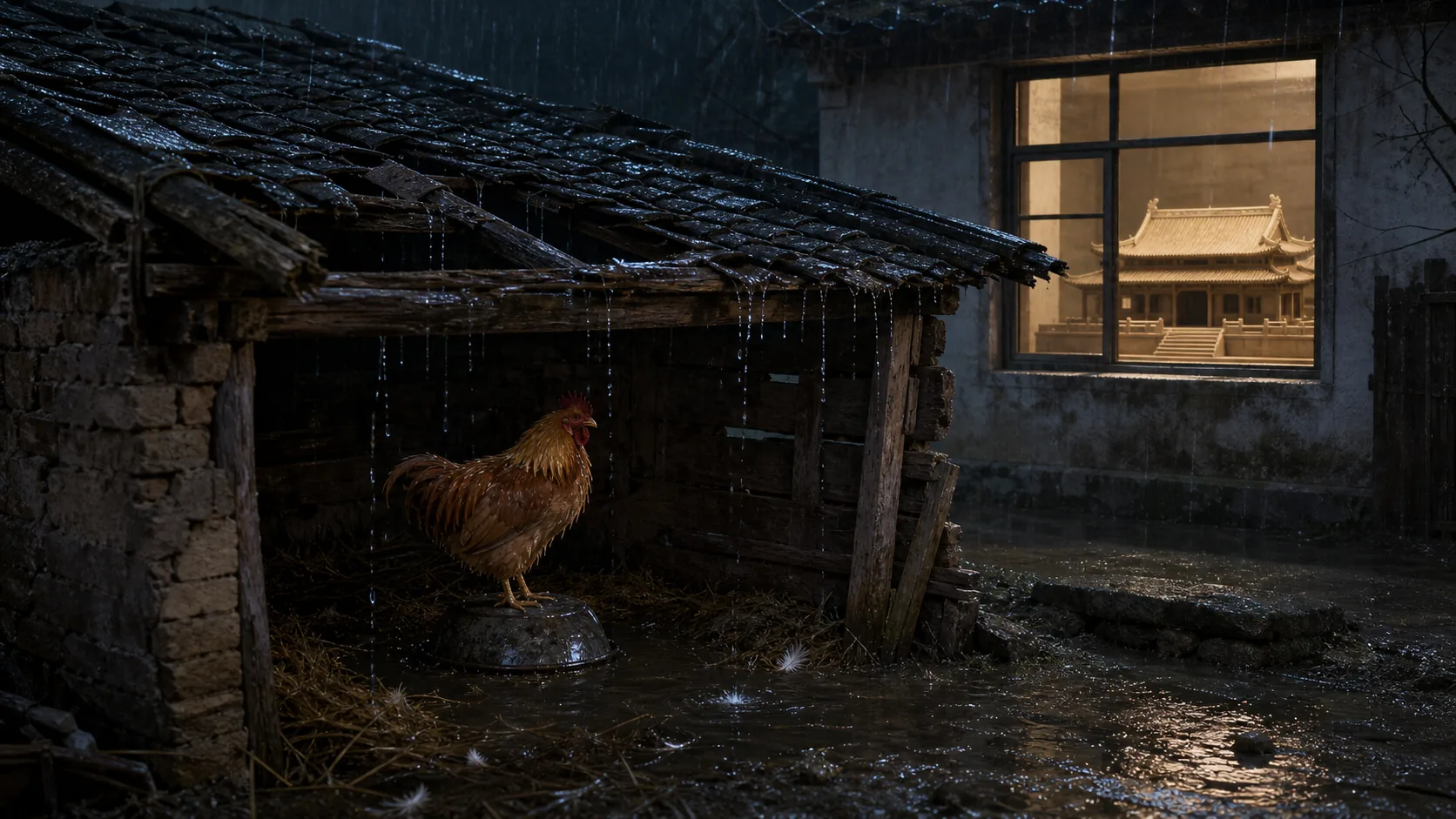 雨中的旧鸡窝缺瓦漏水，黄褐色公鸡缩着爪子站在倒扣的食盆上，湿草间积着水，村委会亮着灯的窗内可以看见屋顶完整的大礼堂模型
