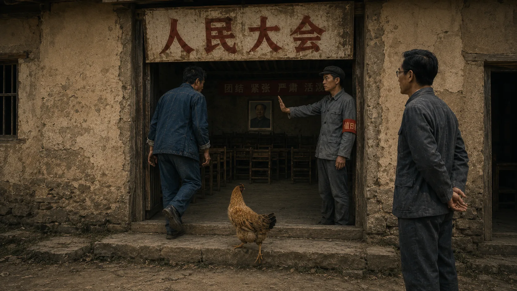 一只土鸡站在“人民大会”门口石阶下朝里面张望,门内长凳整齐摆放,门口有人把守,二狗已跨进门槛而大明站在门外