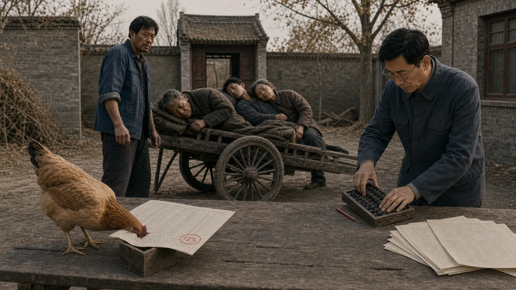 黄褐色村鸡啄破圈有12%的报告纸,把嘴探进报告下方的空木升,板车和三名村民留在院中远处。