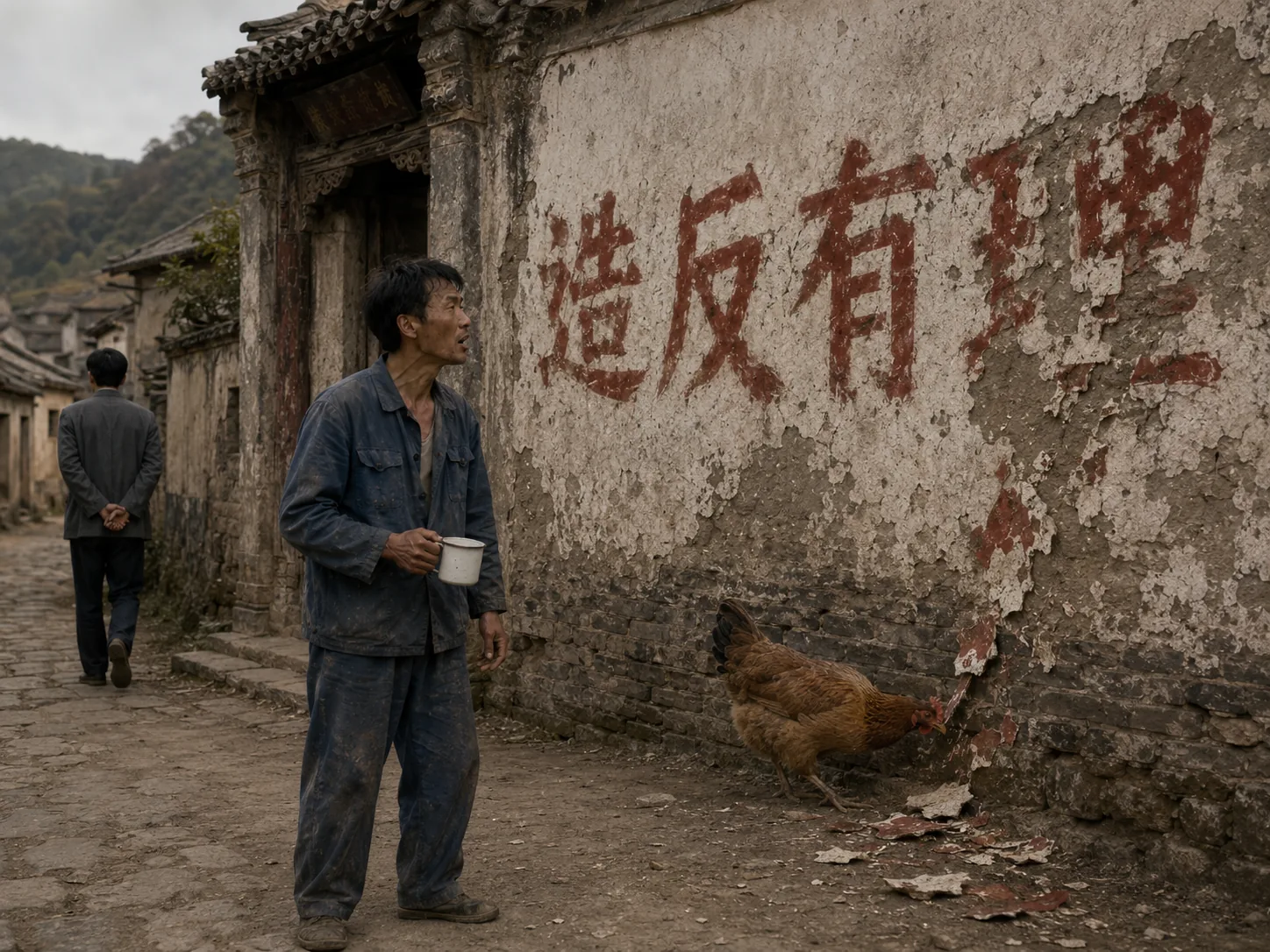 墙脚的土鸡啄落“造反有理”标语中的墙皮，红字残缺不全，二狗仍站在墙前，大明已经转身离开