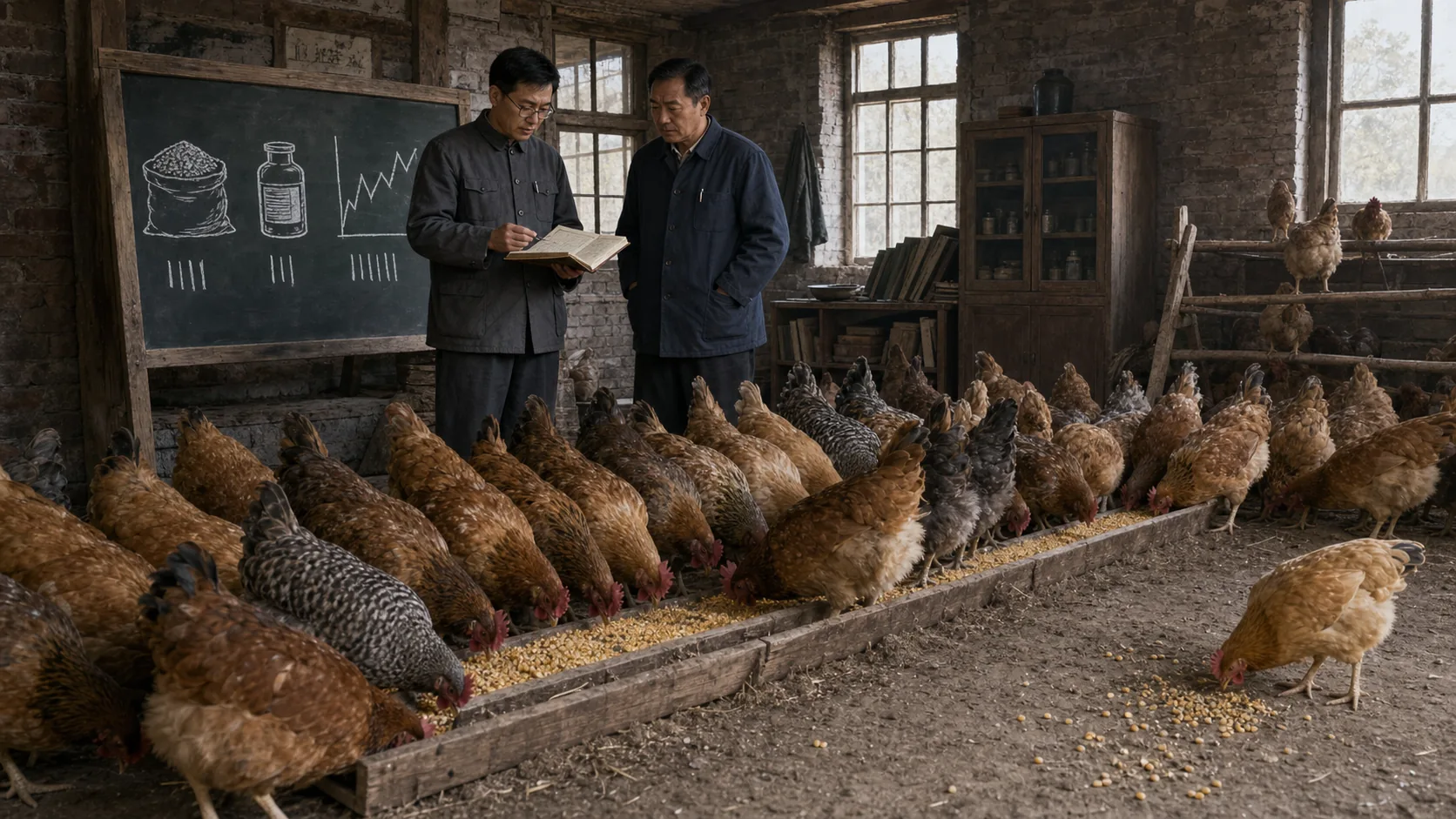 清晨拥挤的鸡舍里，几十只鸡围住装满玉米碴的长食槽，黄褐色母鸡在外圈啄拾落地碎粒；大明拿着账本站在画有饲料袋、药瓶和起伏折线的黑板旁，村长正在查看表格