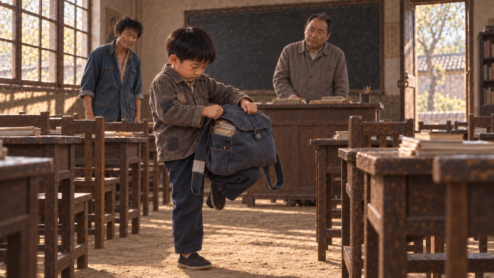 放学前的村小学教室里,小满站着用膝头托住鼓起的蓝布书包,双手拉着包盖;老师站在讲台旁,二狗从后排看过来