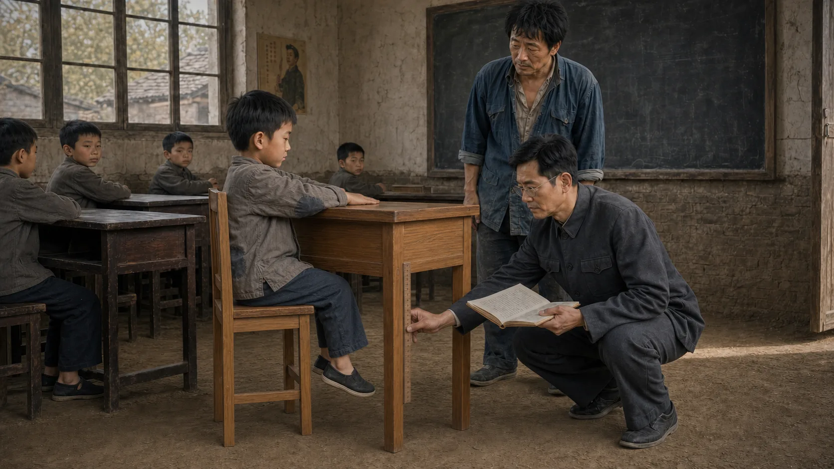 村小学第一排的小满坐在新课桌前，双脚悬在黄土地上方，大明蹲在桌旁用木尺测量桌腿和鞋尖之间的距离，二狗站在一旁看着