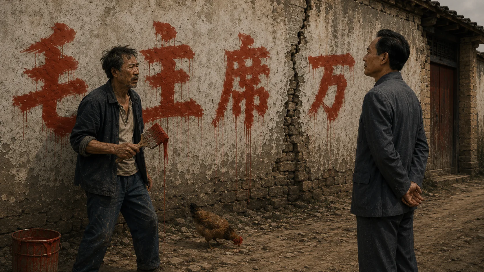二狗握着滴落红漆的刷子与大明对视，墙上只写到“毛主席万”，一道裂缝穿过未完成的标语