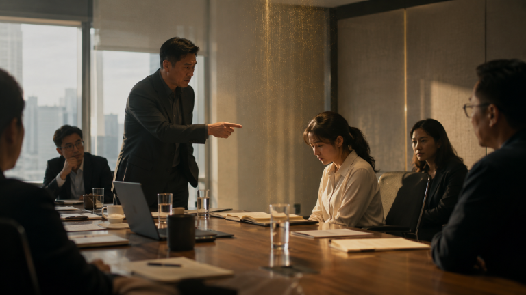 一名男性经理在公司会议室中站立并指向一名低头坐着的女员工，其他同事围坐旁观，金色微光如沉重尘埃般从上方落在女员工周围，象征公开批评在权力和群体注视下产生的额外压力。