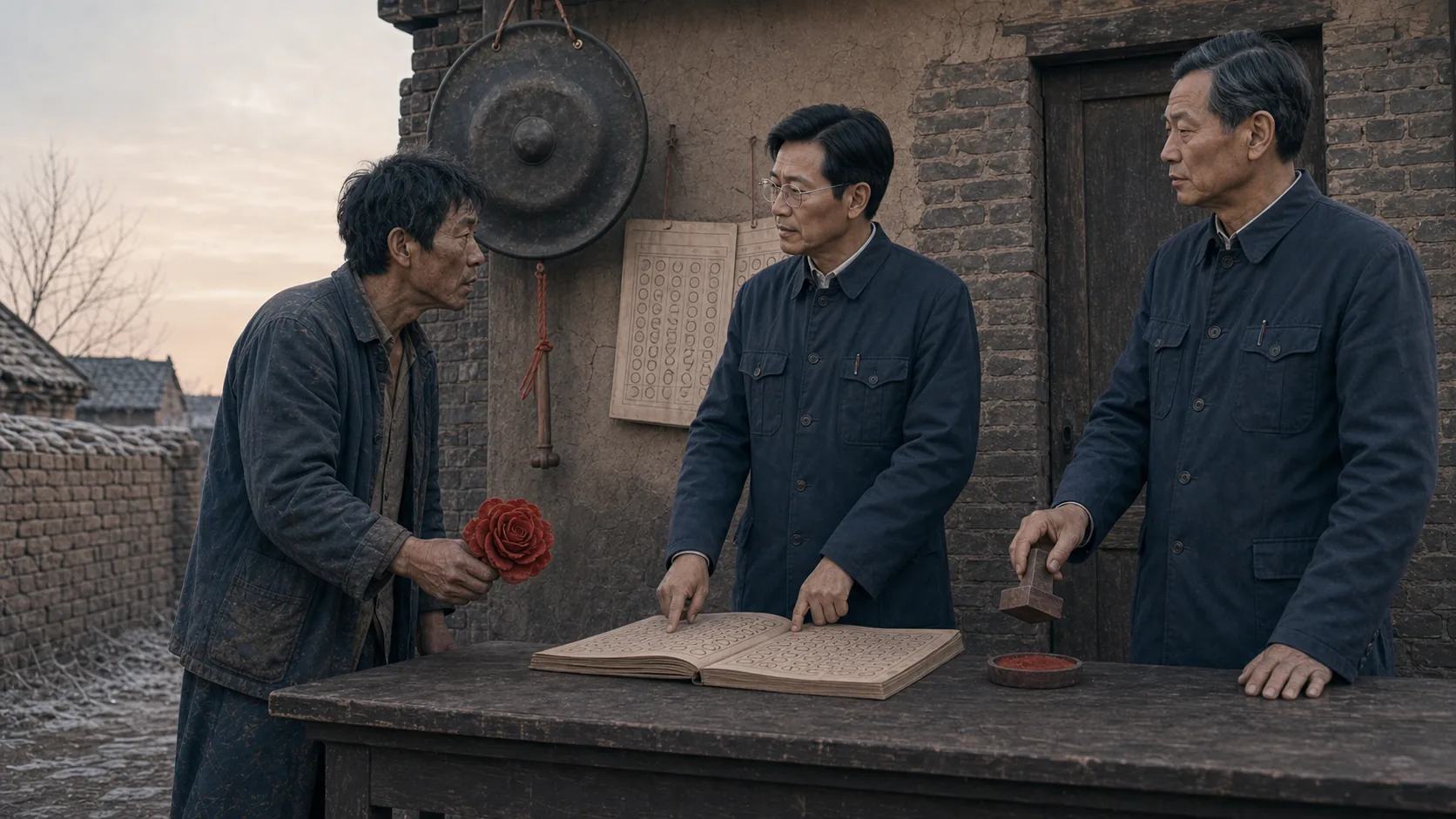 二狗站在长桌前注视大明，大明的手指落在画满圆圈的值班簿上，村长拿着印章，屋檐下蒙灰的铜锣全年未被敲响。