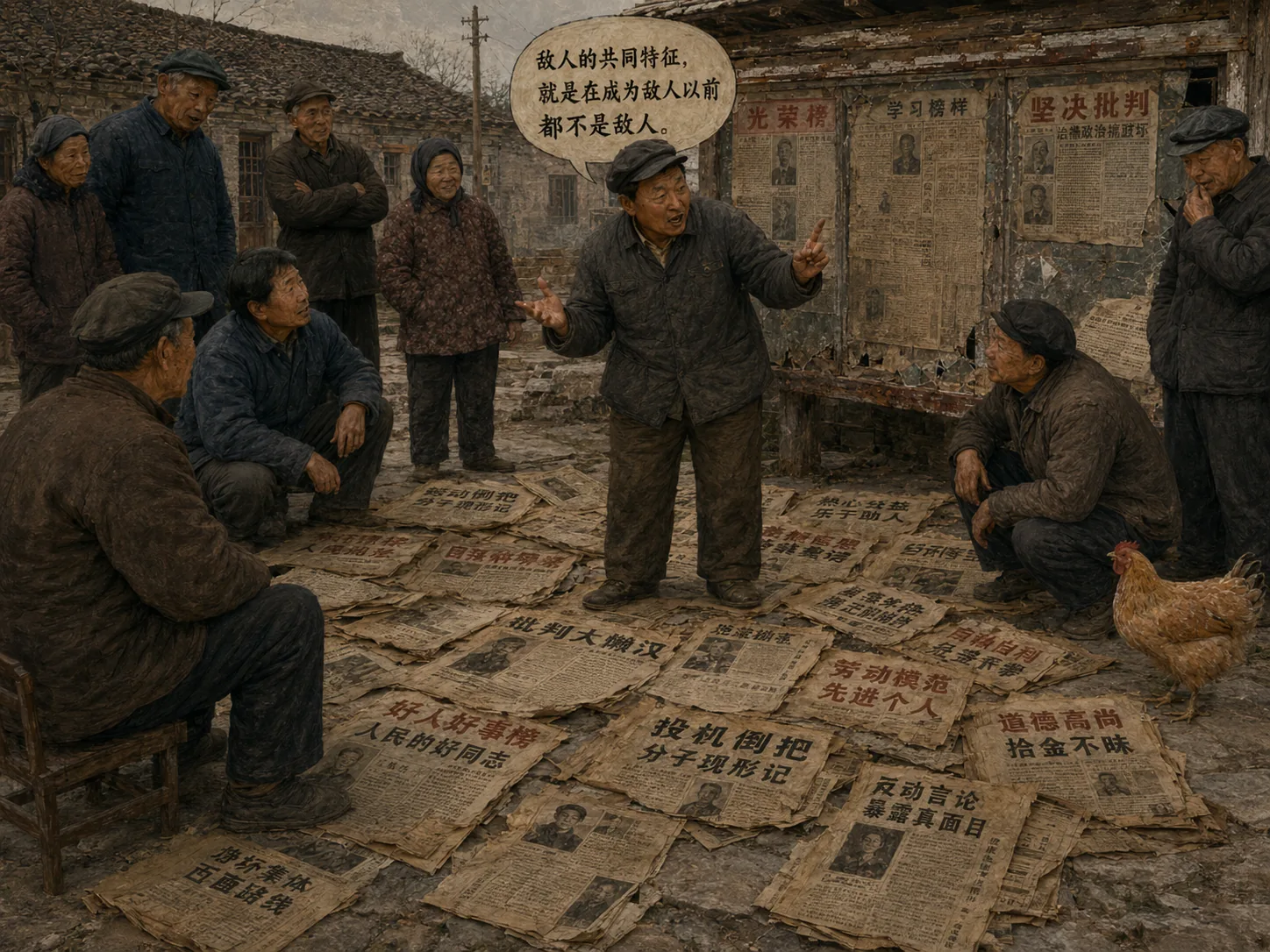 满地旧报纸铺在村口石板上，二狗站在中间认真总结，大明平静听着，几位围观村民神情复杂
