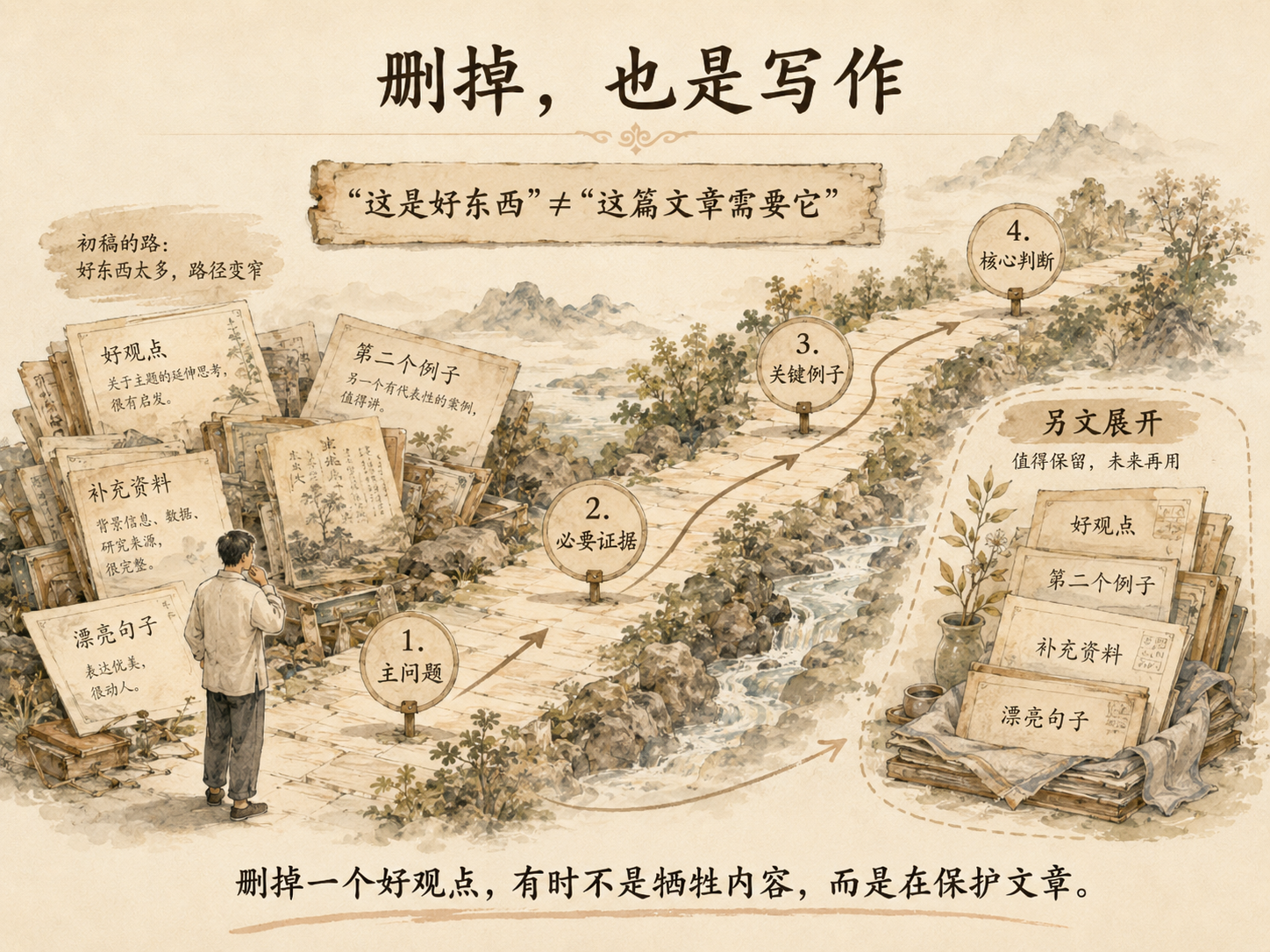 一张暖纸水彩中文概念图,一条文章主路径从“主问题”经过“必要证据”和“关键例子”通向“核心判断”;道路旁堆放着好观点、第二个例子、补充资料和漂亮句子,其中部分内容被移到标有“另文展开”的区域,表现删减是在保护文章主线而不是否定材料价值。