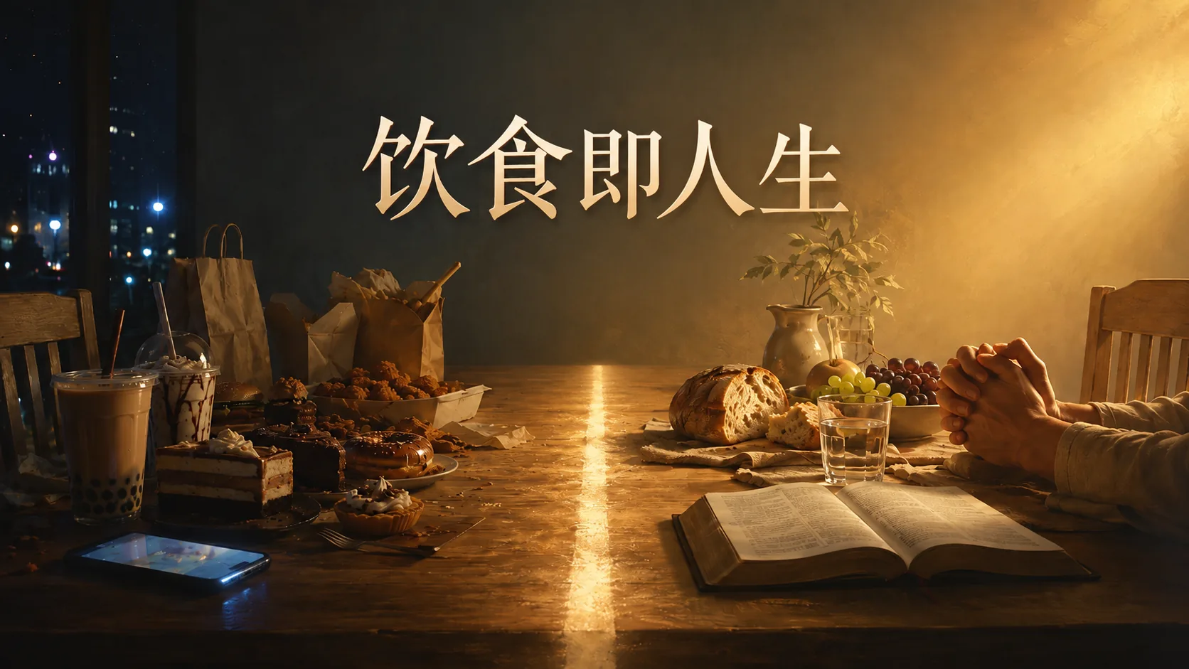 一张长餐桌，一边是奶茶、甜点和手机，另一边是面包、水杯、圣经和祷告的手，中间有一道象征边界的光。