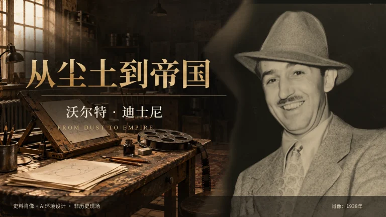 暖黑金色系列封面，左侧是绘图板、纸张、胶片与窗光构成的动画工作环境，右侧为戴帽微笑的迪士尼1938年史料肖像。
