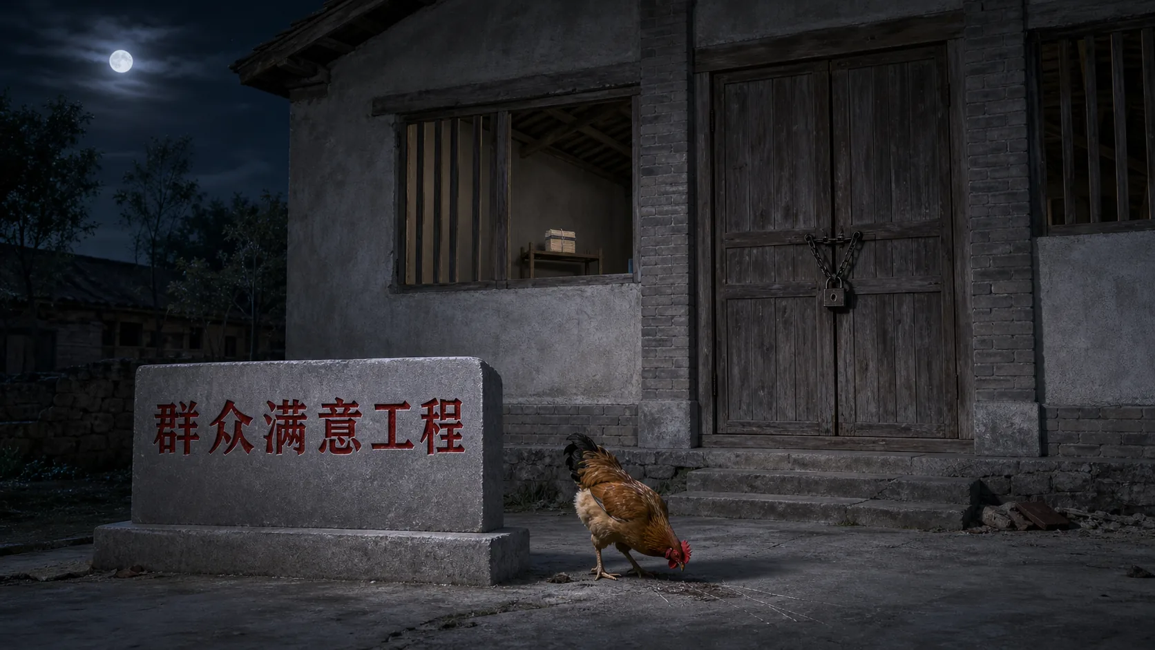 夜色中新粮仓的门内空无粮袋，木架上只放着一捆调查表，门外石碑刻着“群众满意工程”，黄褐色公鸡在碑后被水泥覆盖的旧鸡窝地基上刨土