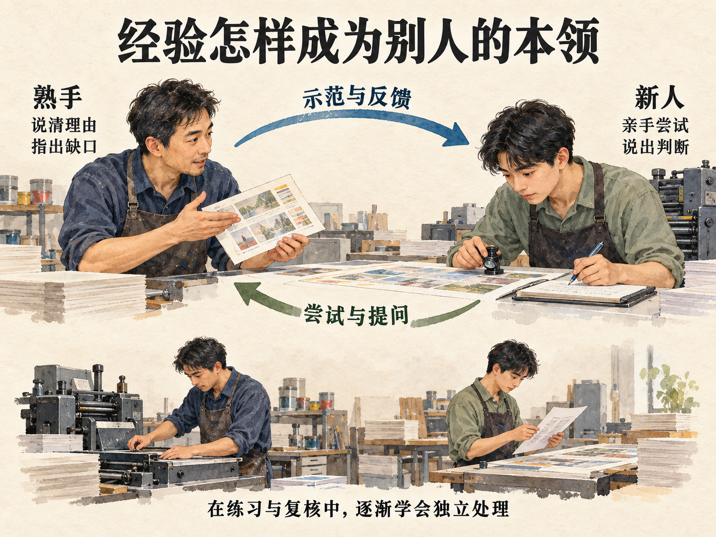 熟手在左侧说清理由、指出缺口，新人在右侧亲手尝试、说出判断；上方蓝色箭头向右标“示范与反馈”，下方绿色箭头向左标“尝试与提问”，底部两人分别处理自己的工作。