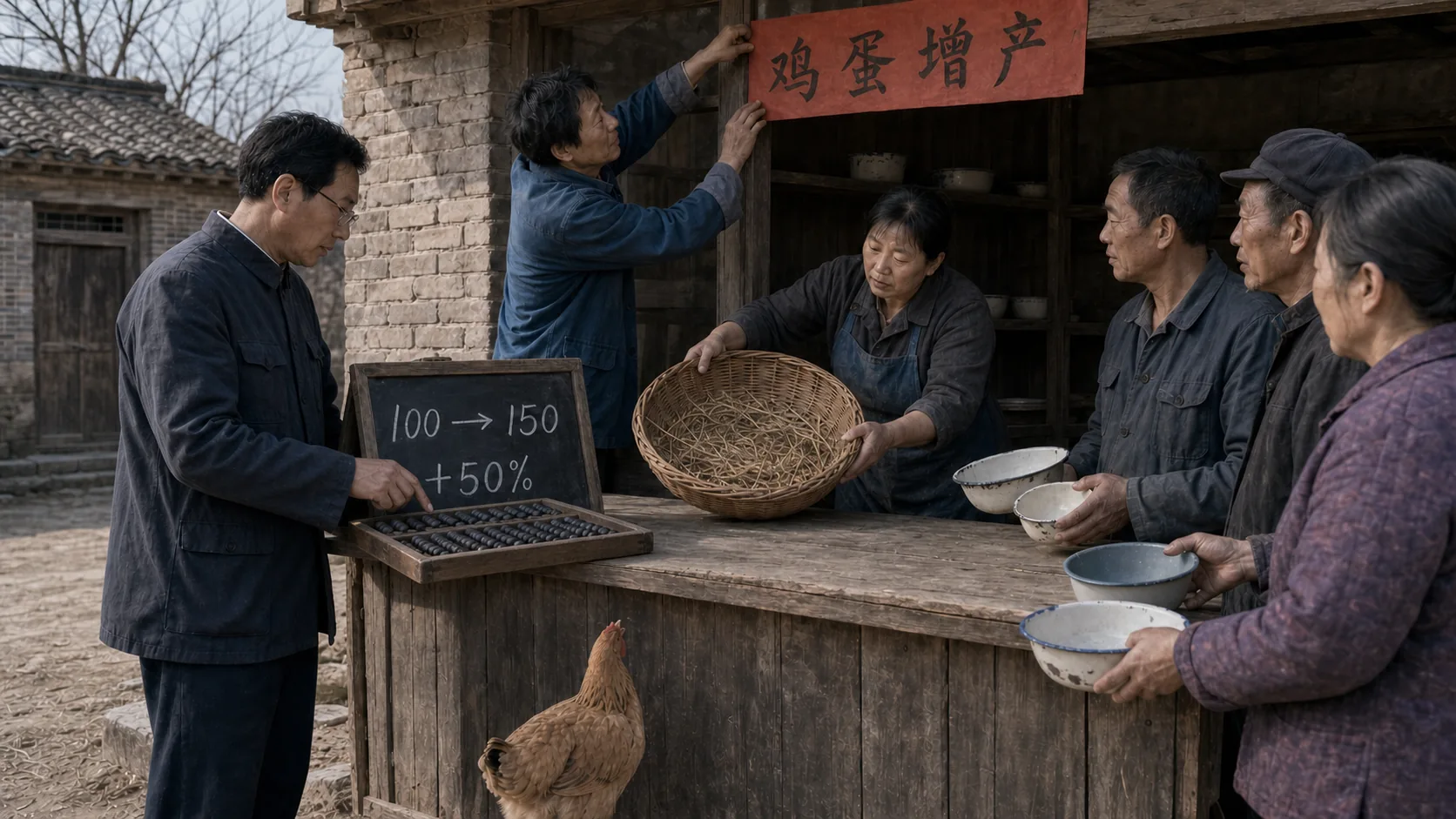 供销点柜台前，大明用算盘核对黑板上的“一百”与“一百五十”，二狗正在张贴“鸡蛋增产”的红纸，几名村民端着空碗看向没有鸡蛋的竹筐，黄褐色母鸡在柜台下伸长脖子望向空筐