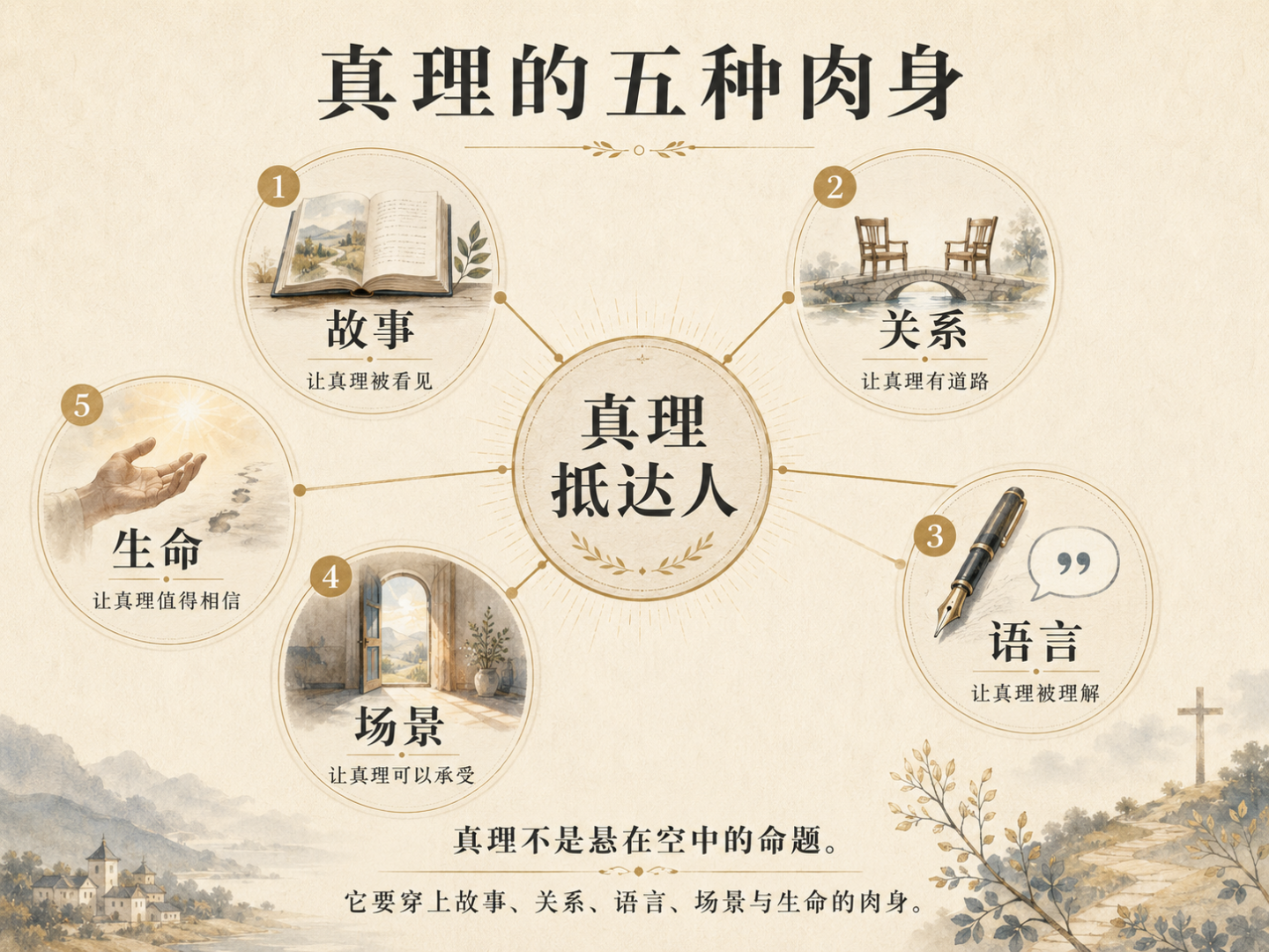 以真理抵达人为中心，周围连接故事、关系、语言、场景和生命五个要素的概念图。