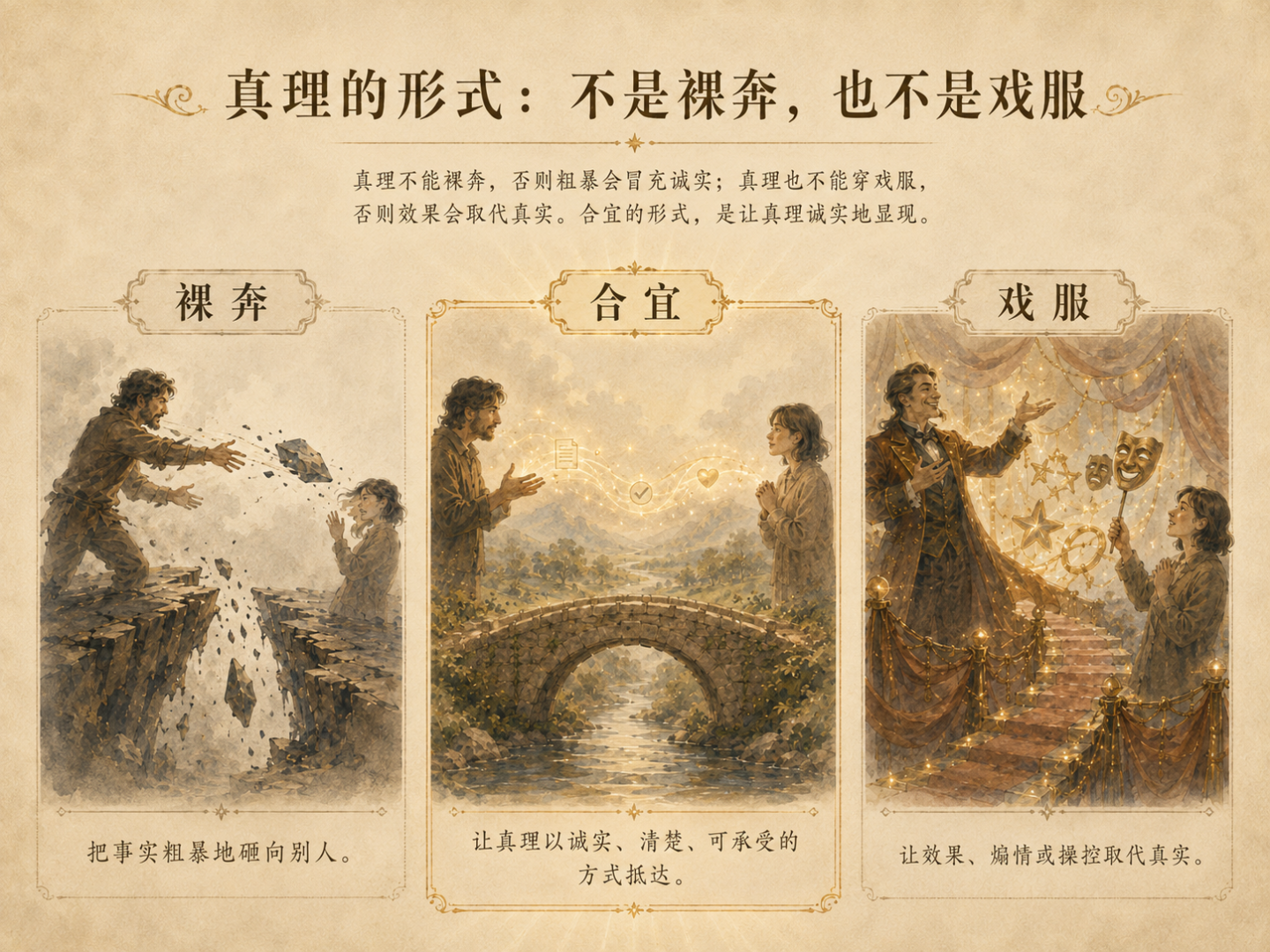 三栏对照图：左侧是“裸奔”，表现粗暴地把事实砸向别人；中间是“合宜”，表现真理通过桥梁与光流诚实抵达；右侧是“戏服”，表现夸张华丽却带有操纵意味的表达方式。