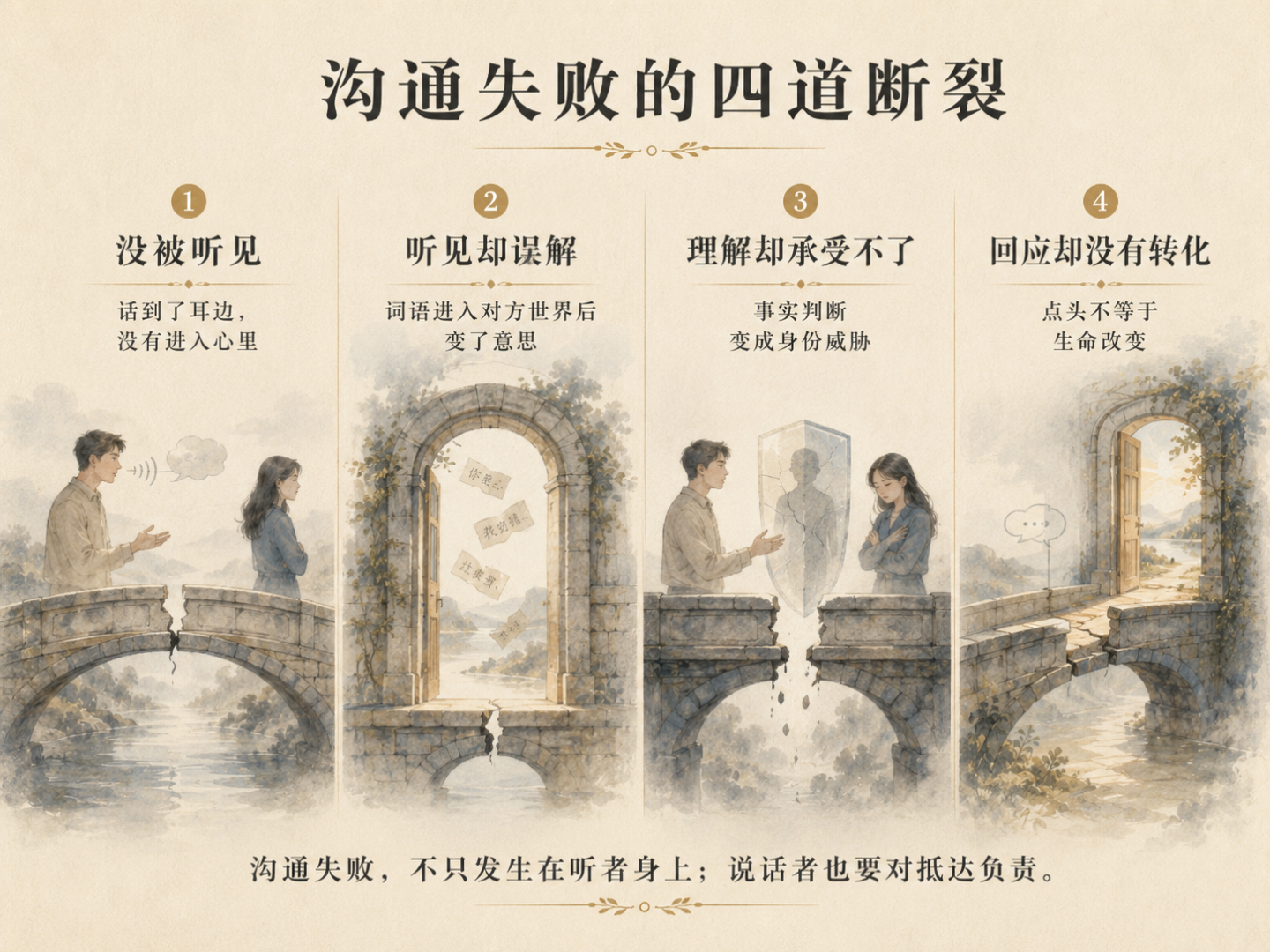四栏概念图，以断裂的桥梁表现沟通失败的四种情况：没被听见、听见却误解、理解却承受不了，以及回应却没有转化。