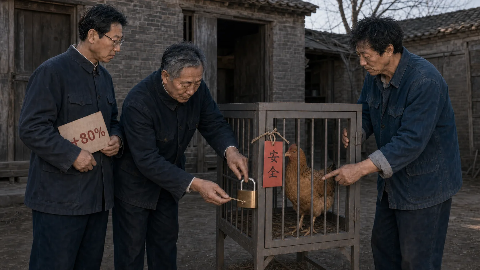 铁笼门外，二狗指着外置挂锁，村长正用黄铜钥匙把笼门锁紧，大明夹着风险表站在一旁，黄褐色母鸡在笼内用喙顶住门缝，笼门上的红纸写着“安全”