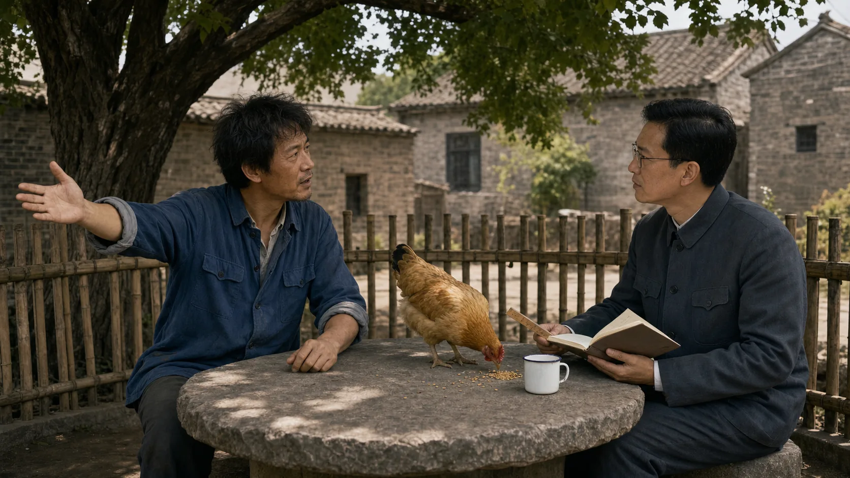 午后的村口槐树下，二狗在石桌一侧抬手指向矮篱，大明在另一侧拿着笔记本和木尺，黄褐色母鸡站在两人袖口之间低头啄食石桌上的谷粒