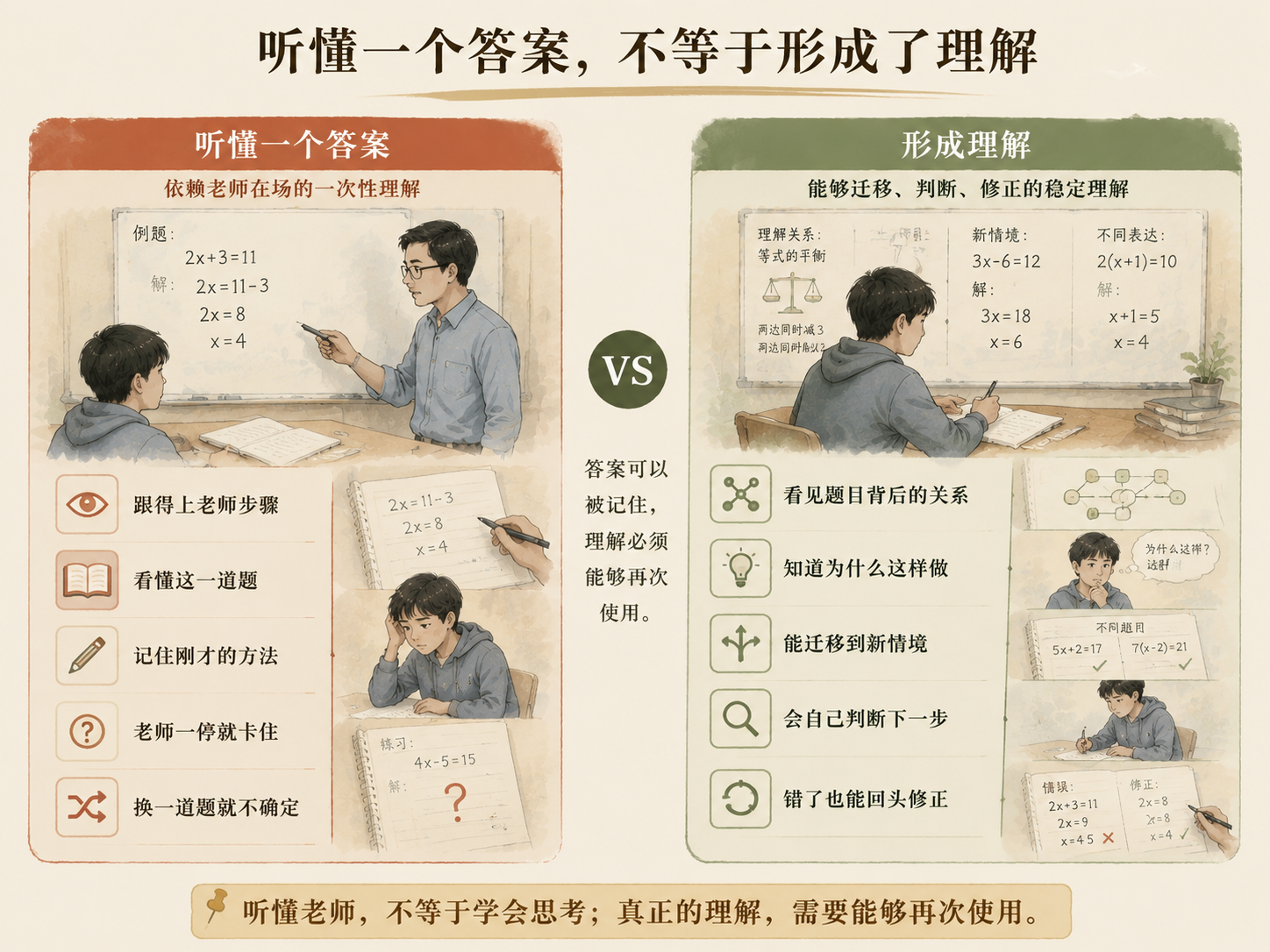 一张左右对照式淡彩中文概念图，左侧“听懂一个答案”表现学生跟随老师示范、记住步骤却在换题后卡住；右侧“形成理解”表现学生看见题目关系、知道为什么这样做，并能迁移到新情境、自己判断下一步和纠正错误。