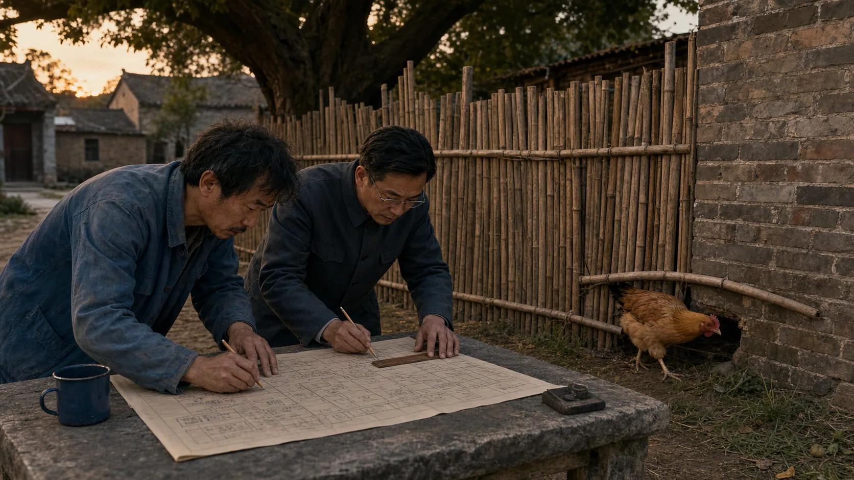 暮色渐起的村口，二狗和大明背对矮篱，正俯身用木尺和铅笔完善铺满石桌的方案；他们身后唯一的黄褐色母鸡已经把大半个身体钻出松动竹条下的洞口