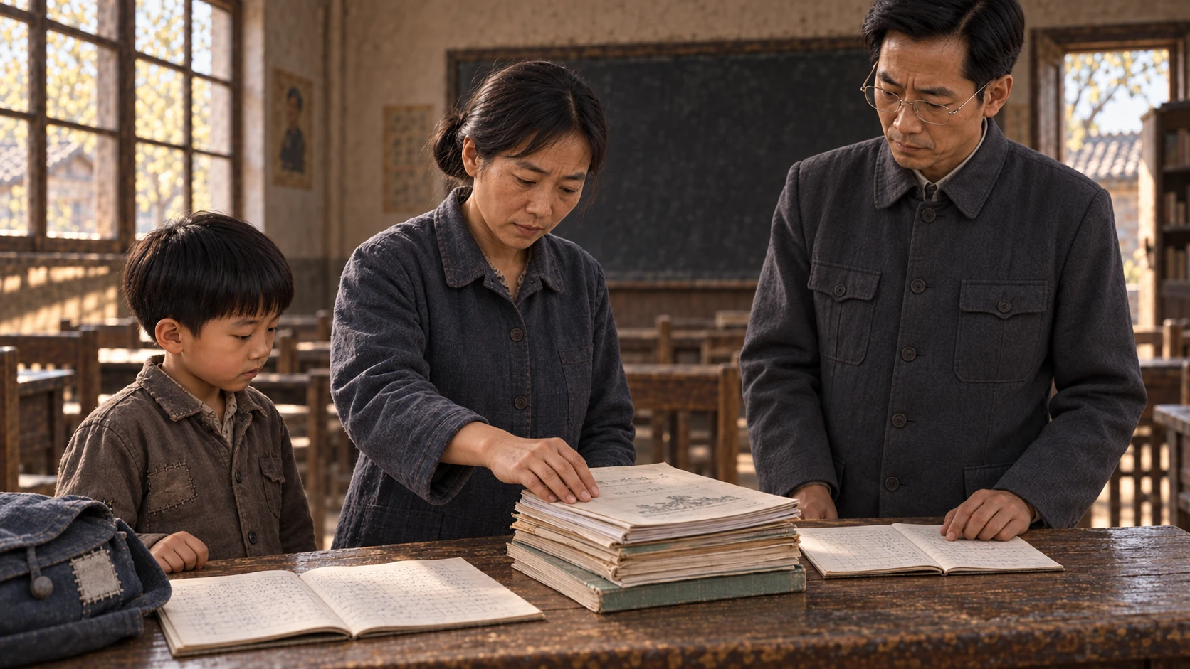 村小学讲台上,左边是翻开的当日练习簿,右边叠放旧本子、新课本和辅导册;小满的母亲用掌心压着辅导册卷起的纸角,大明手边放着作业登记簿