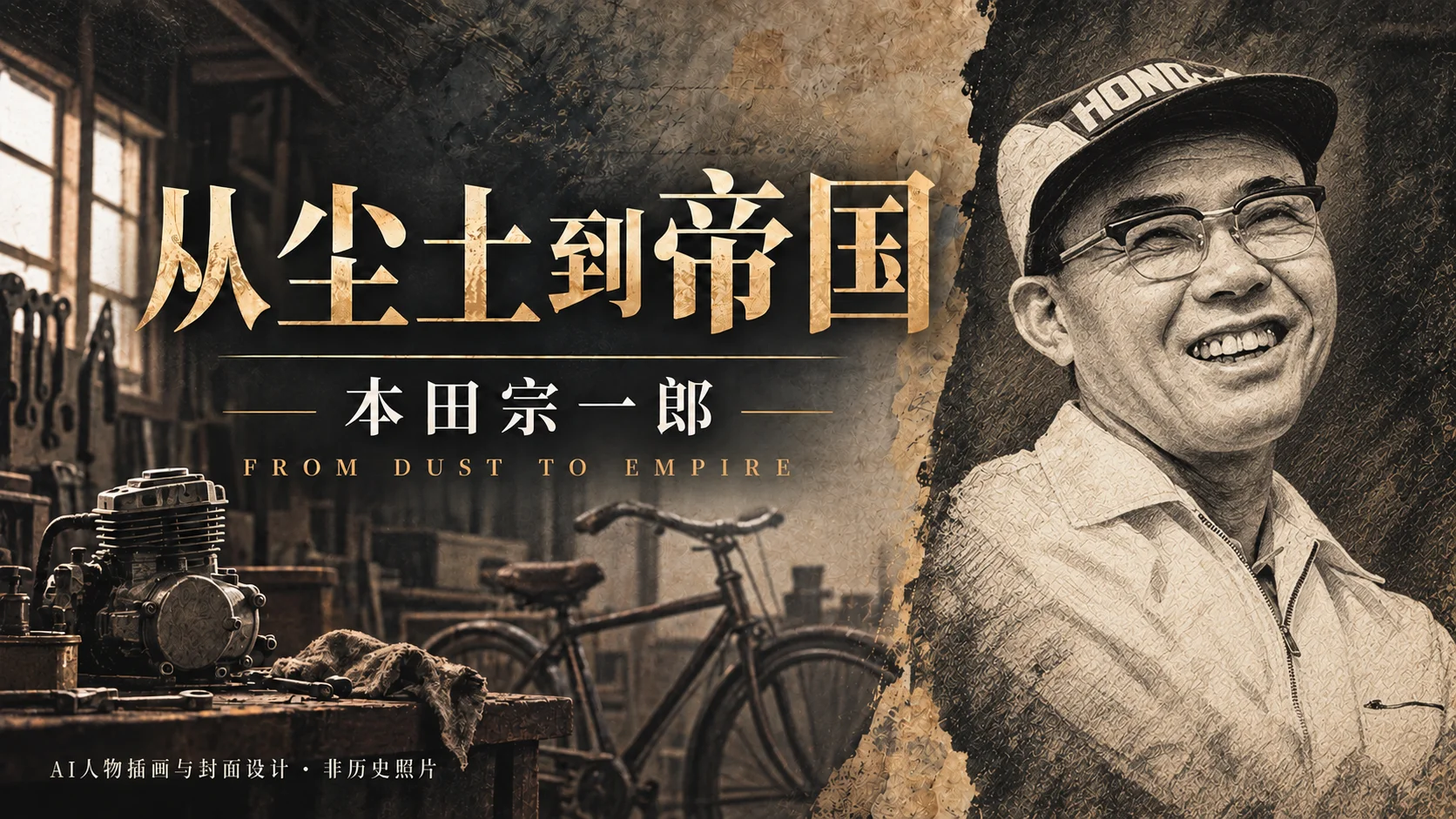 戴HONDA帽、眼镜，穿工作服微笑的本田宗一郎主题插画，与自行车及机械意象组成系列封面。