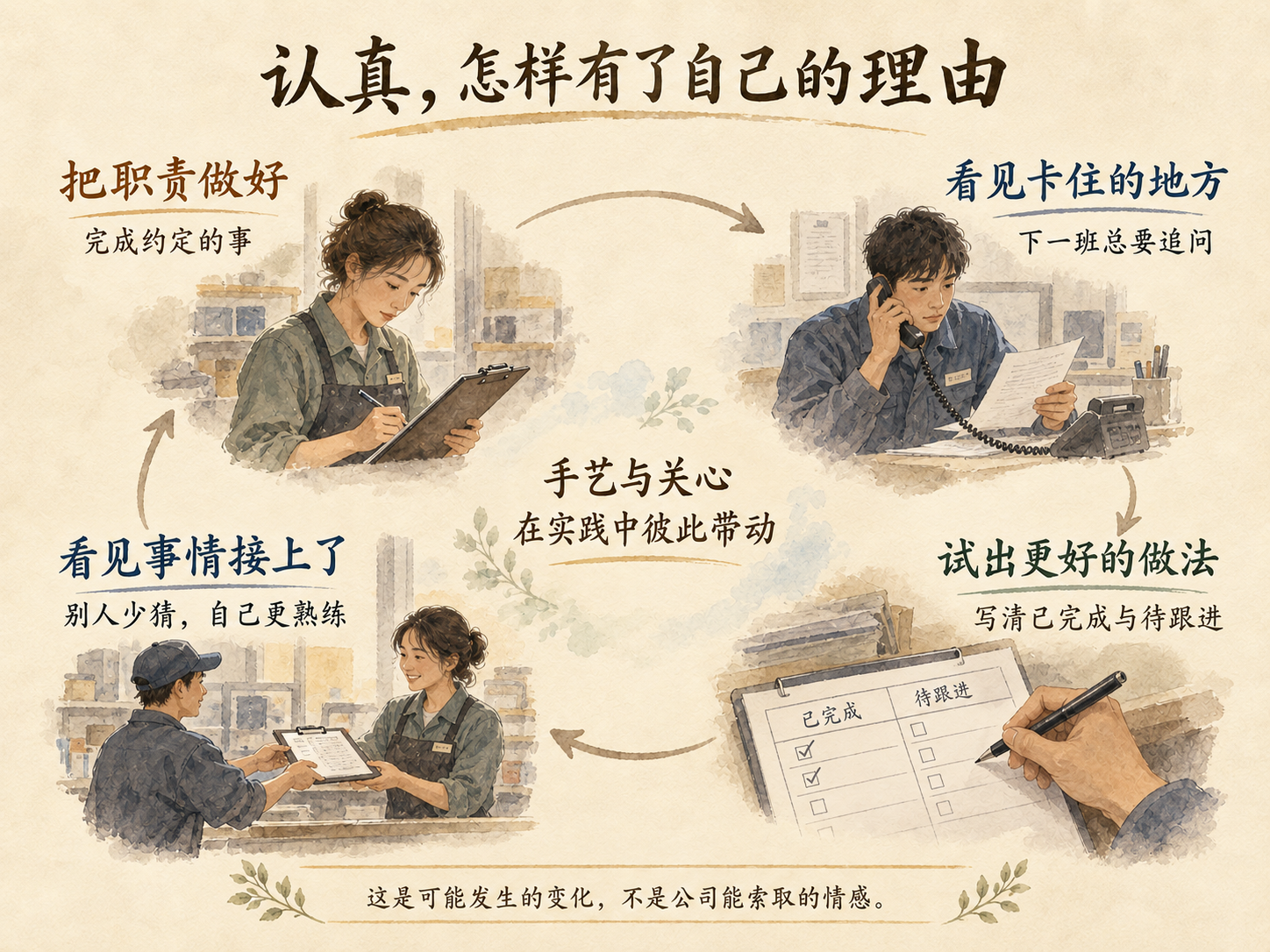 暖纸淡彩概念图,四个场景以顺时针箭头相连:把职责做好、看见卡住的地方、试出更好的做法、看见事情接上了。中央写着手艺与关心在实践中彼此带动,底部提醒这不是公司能索取的情感。