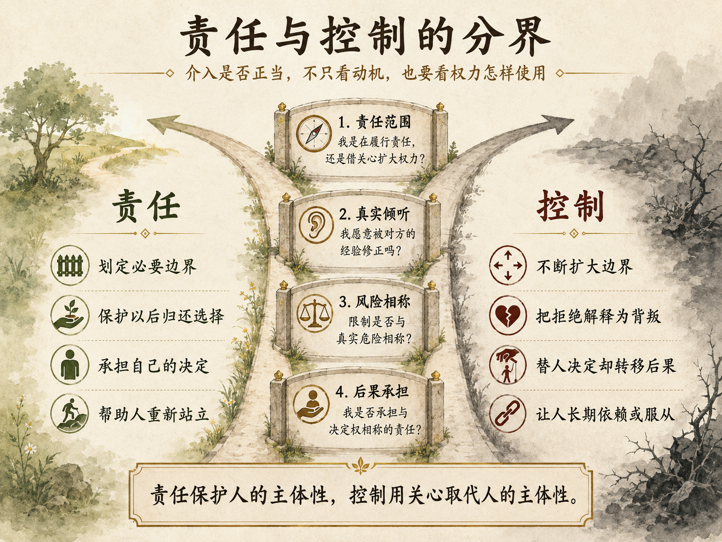 一张纵向逐层收窄的淡彩中文概念图,以五个阶段表现善意变成控制的过程:出于关心、替他解释、接管决定、封闭拒绝和转移后果,越向下人的选择空间越窄,底部总结善意失去边界后会从帮助变成控制。