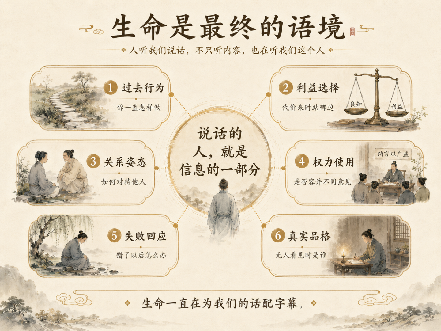 一张浅米色淡彩中文概念图,中央写着“说话的人,就是信息的一部分”,周围连接六个观察维度:过去行为、利益选择、关系姿态、权力使用、失败反应和真实品格,并以道路、天平、人物交谈、讲台权力、低头反省和独处书写等象征插画表现。