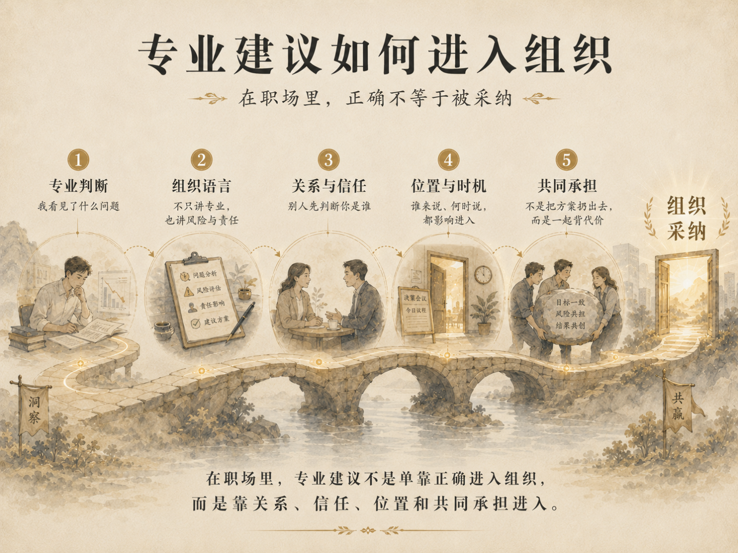 一张横向桥梁式中文概念图,以五个连续阶段表现专业建议进入组织的路径:专业判断、组织语言、关系与信任、位置与时机、共同承担,最终通向“组织采纳”的敞开大门。