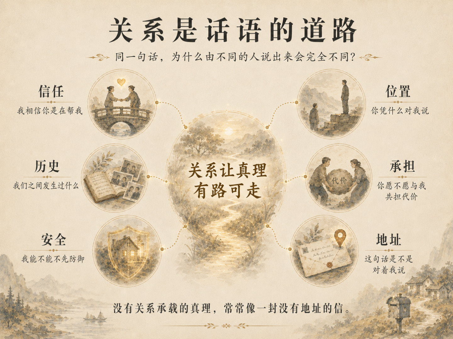 一张浅米色淡彩中文概念图,中央写着“关系让真理有路可走”,周围连接信任、历史、安全、位置、承担和地址六个要素,并以桥梁、旧照片、房屋盾牌、人物高低位置、共同搬动重物和信封等图像表现。