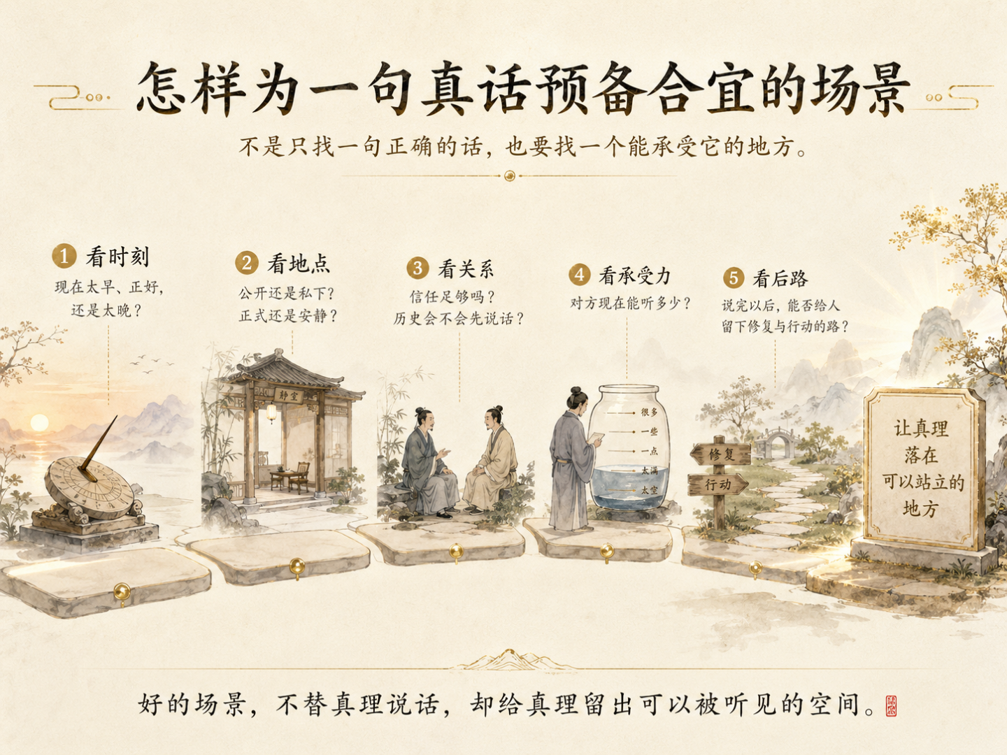 一张横向道路式淡彩中文概念图,以五个连续阶段表现为真话预备合宜场景的过程:看时刻、看地点、看关系、看承受力、看后路,最终通向刻有“让真理落在可以站立的地方”的石碑。